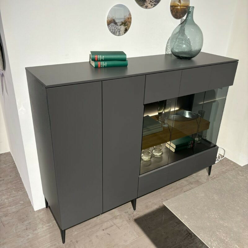 Loddenkemper - Highboard Lea Balkeneiche Lackiert Schiefergrau Grau Mit Glaseinsatz Türen Push To Open  Füße Schwarz - 2