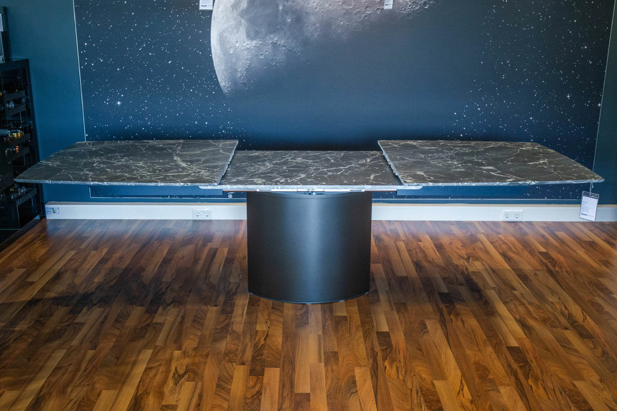 Draenert - Esstisch Adler Platte Stein Valentine Grey Grau Geledert Sockel Metall Dunkelbronze Mit Auszug - 2