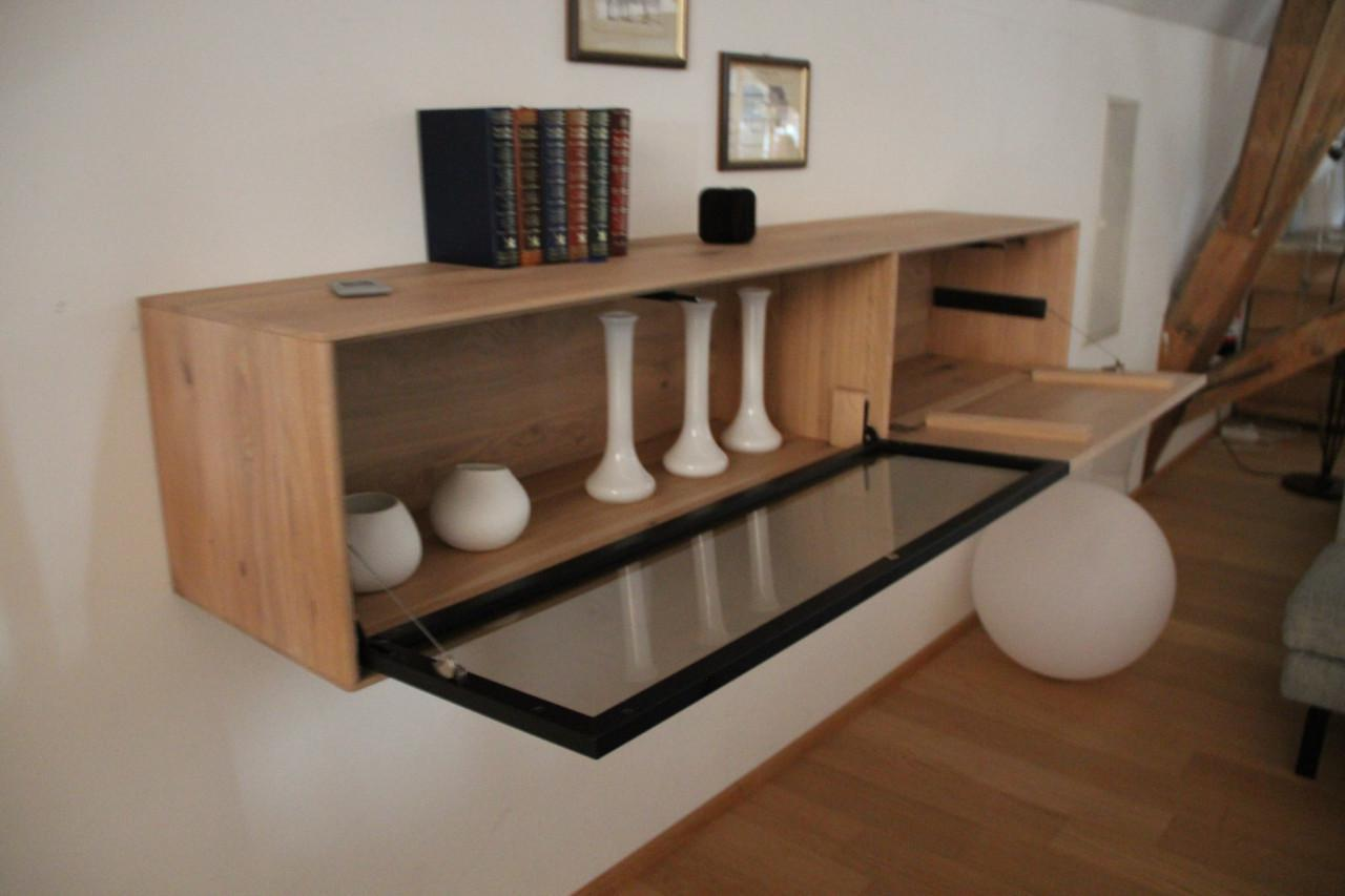 Anrei - Klappenelement Lina 386 Asteiche Weiß Geölt Gebürstet Front Glas Bronze Matt Mit Alurahmen Und LED Beleuchtung - 2