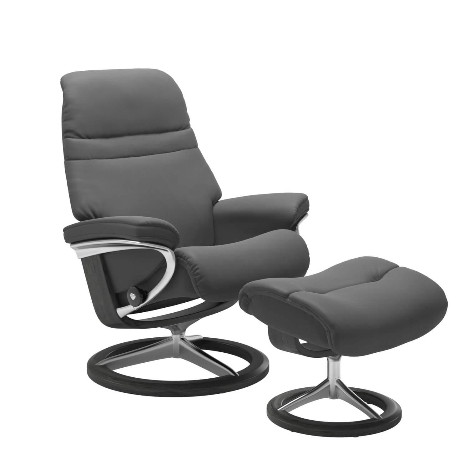 Stressless - Relaxsessel Sunrise M Leder Batic Grey Grau Base Signature Poliertes Metall Holz Grau Gebeizt Mit Hocker - 1