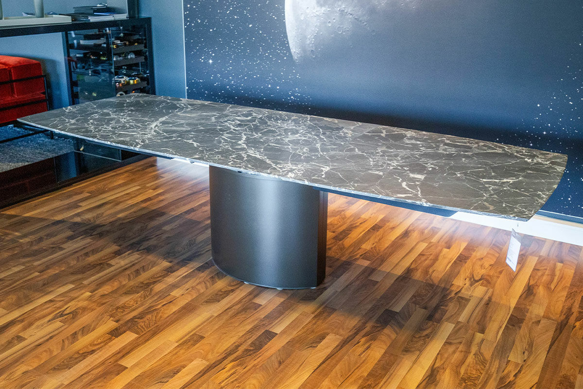 Draenert - Esstisch Adler Platte Stein Valentine Grey Grau Geledert Sockel Metall Dunkelbronze Mit Auszug - 8