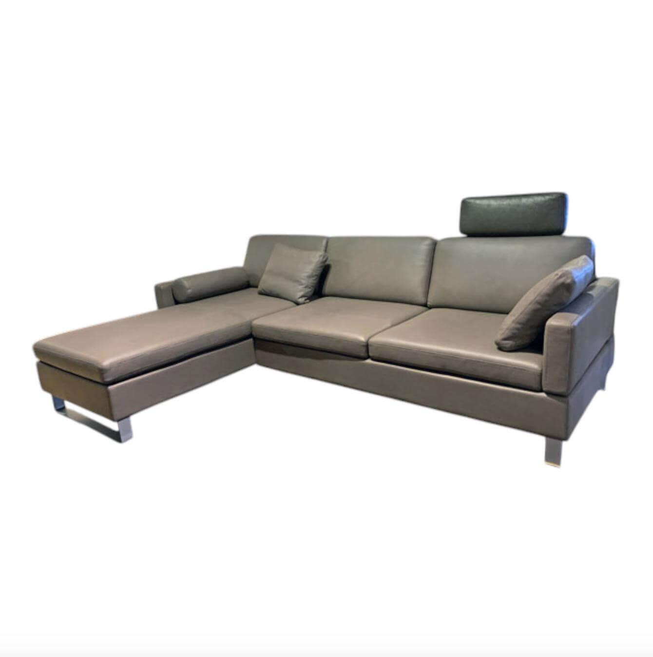 Brühl - Ecksofa Alba System M Leder Pearl 5707 85 Grau Füße Stahl Verchromt Mit Integrierten Kopfstützbügeln - 1