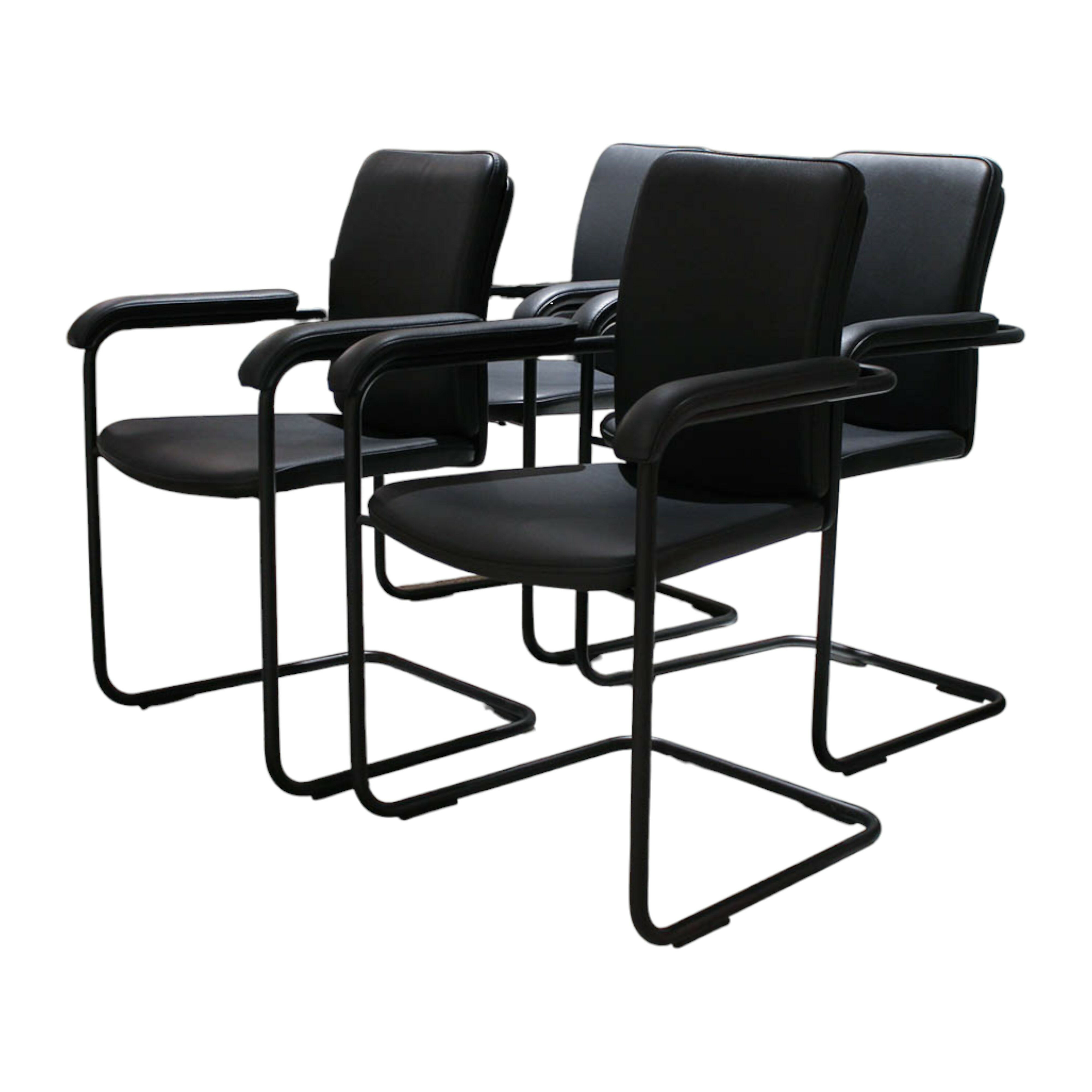 Tecta - 4er-Set Stuhlgruppe D14 Leder PG I Schwarz Gestell Stahlrohr Schwarz Pulverbeschichtet - 1