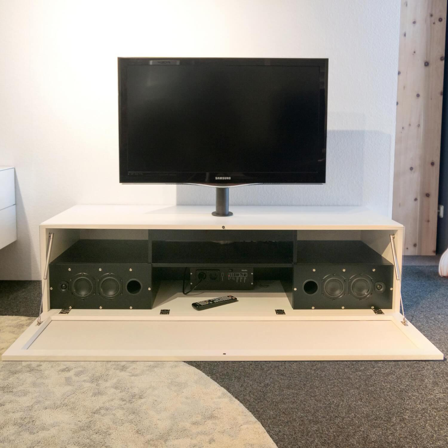 TV-Unterschrank Lampo Lack Artico Weiß Matt mit TV-Säule und Soundsystem