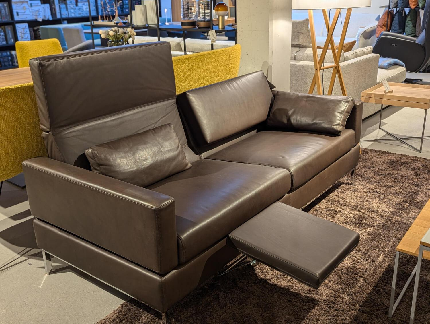 Brühl - Sofa Tomo 3 Anilinleder Lama 20 Dunkelbraun Gestell Chrom Glänzend Mit Kissen Und Fußstütze - 6