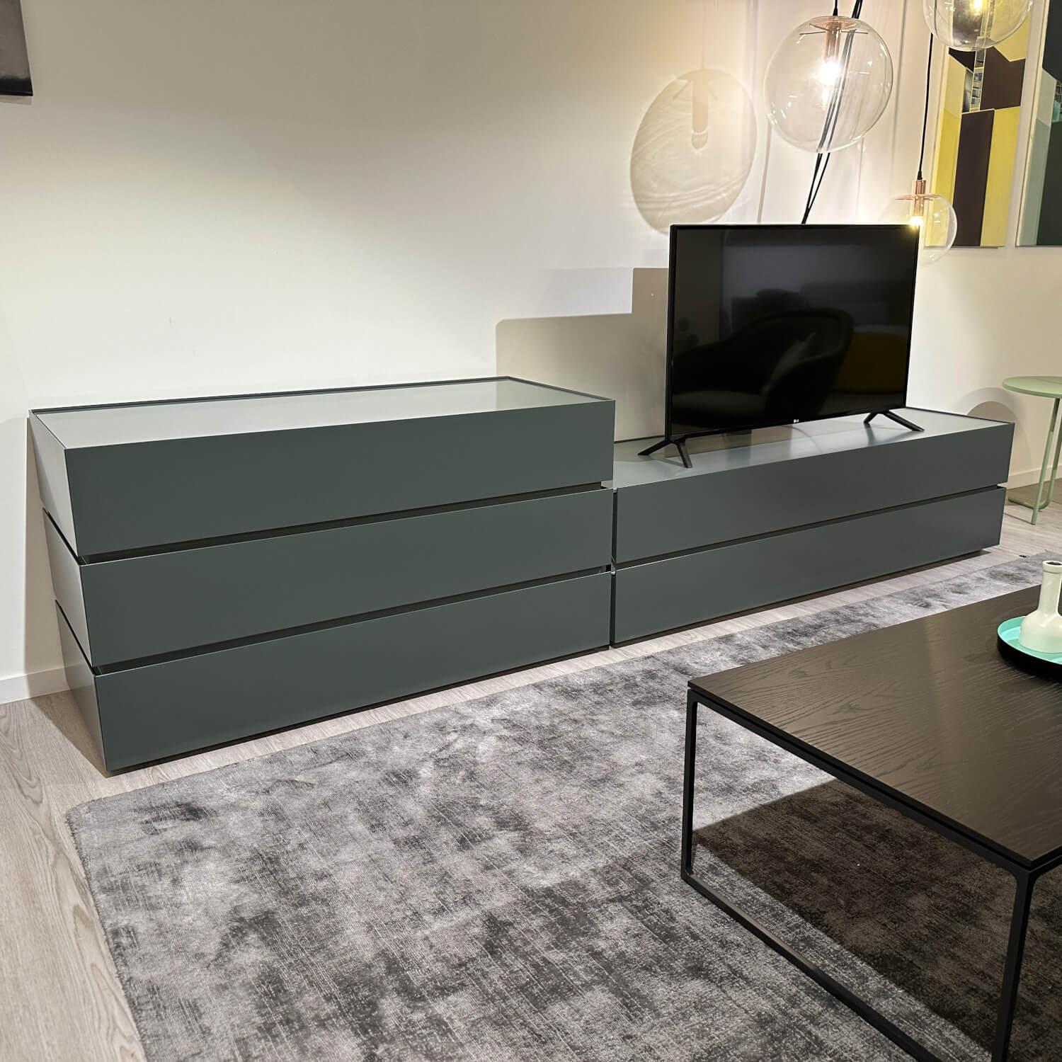 Interlübke - Sideboard with TV swivel column Cube Bold MDF Bahia Green Grey lacquered Recessed handles Laguna Grey Green lacquered Without TV - 6