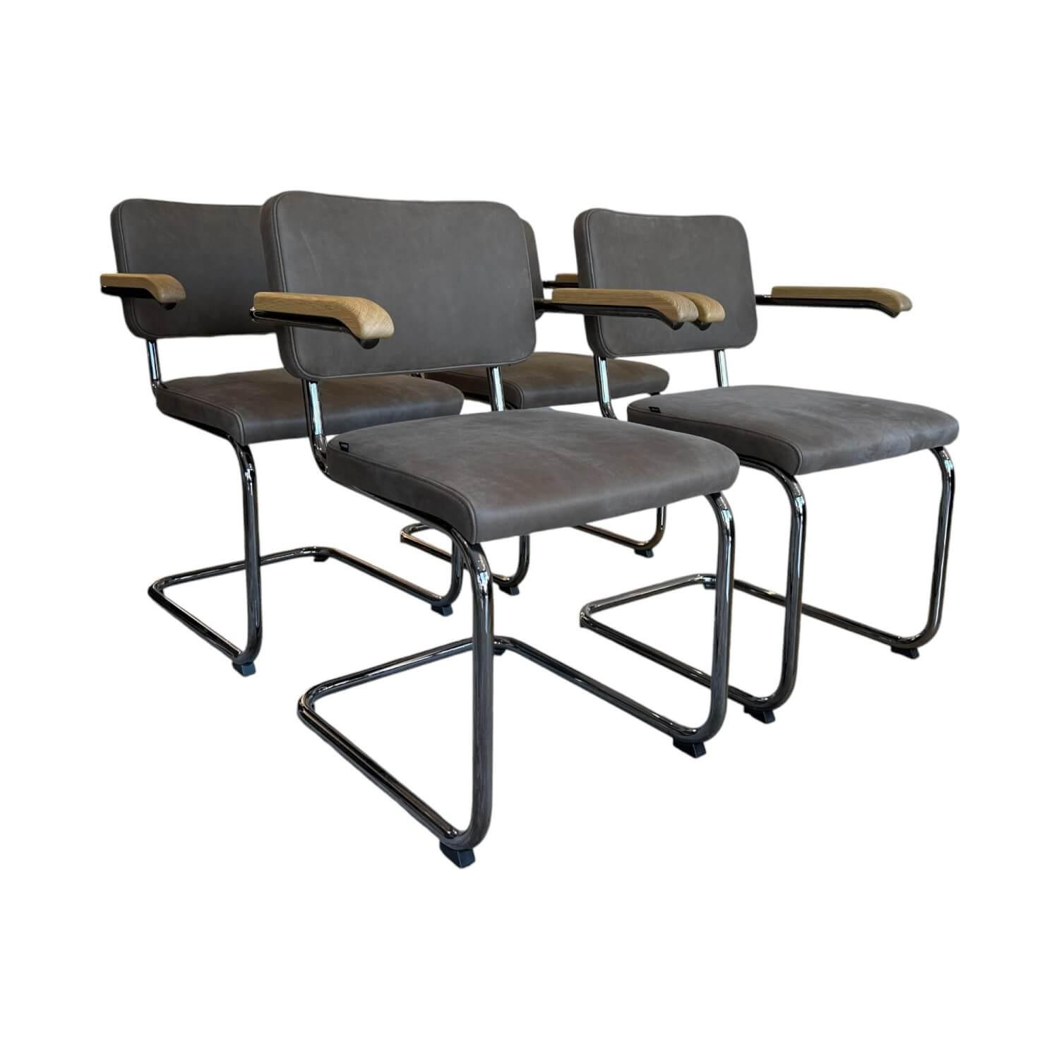 Thonet - 4er Set Armlehnstuhl S64 PV Nubukleder 1 Mittelbraun Braun Grau Gestell Rauchchrom - 1