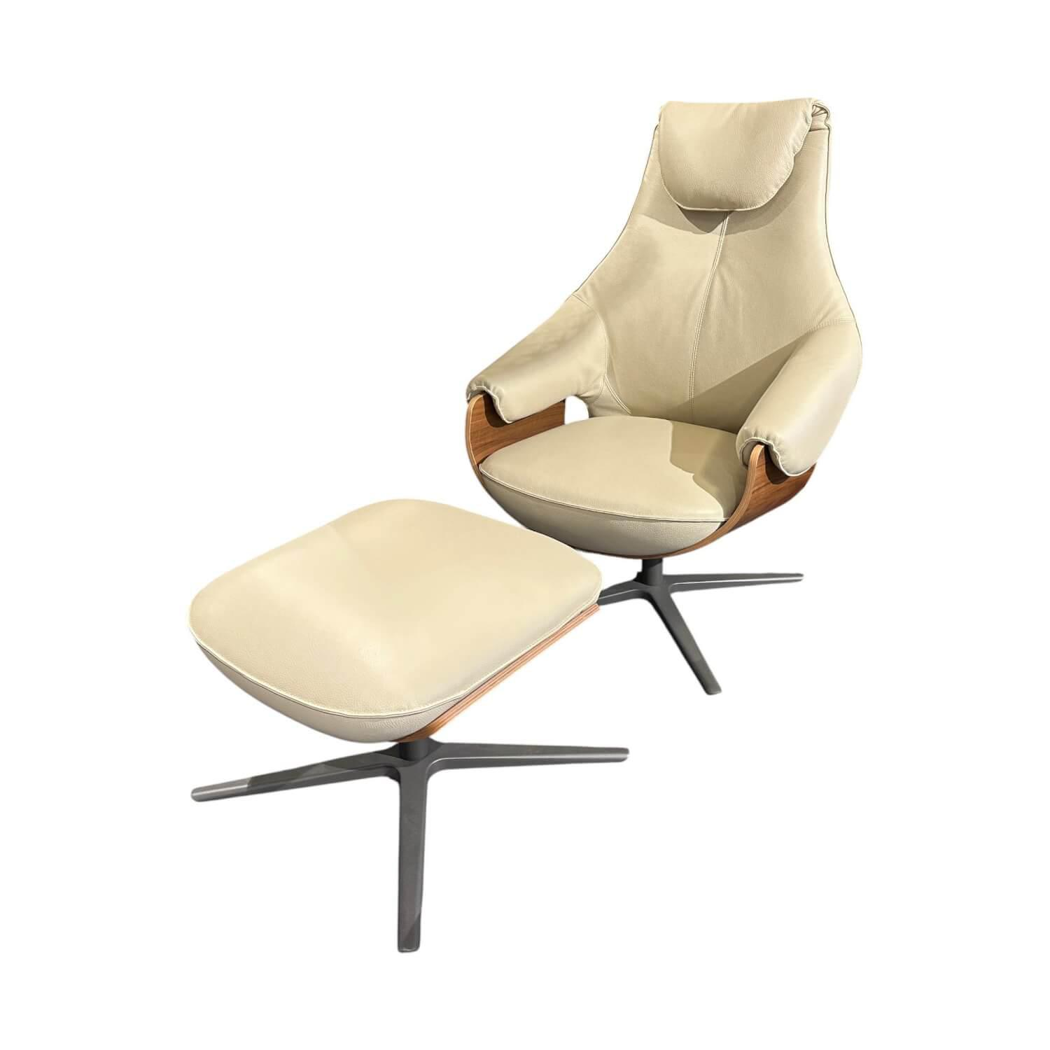 Leolux - Sessel Cream Plus R10 101 Leder Off White Weiß Schale Nussbaum Fuß Pure Epoxy Charcoal Matt Schwarz Mit Hocker - 1