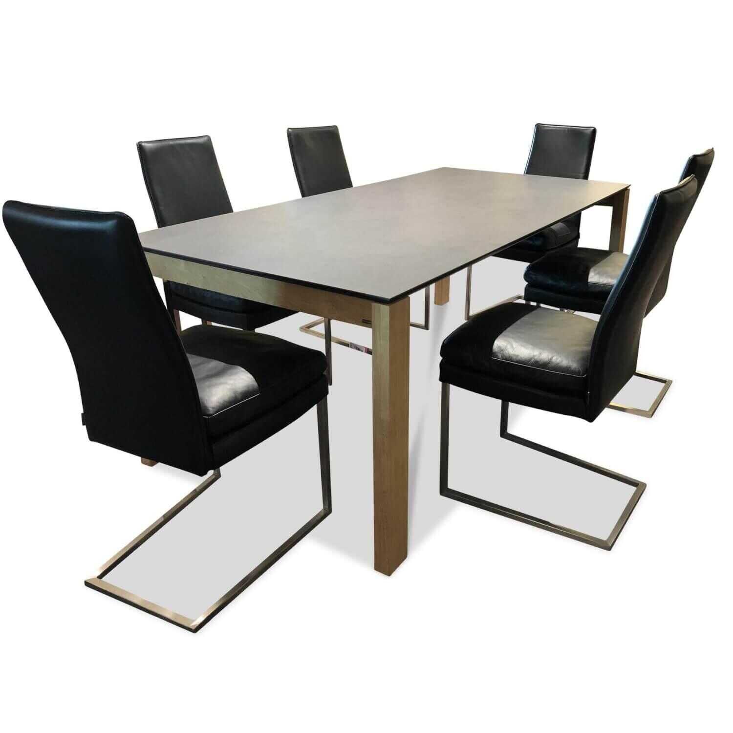 Musterring - Essgruppe Helios Esstisch Eiche Bianco Platte Keramik 6 Lederstühle Leder Schwarz - 1