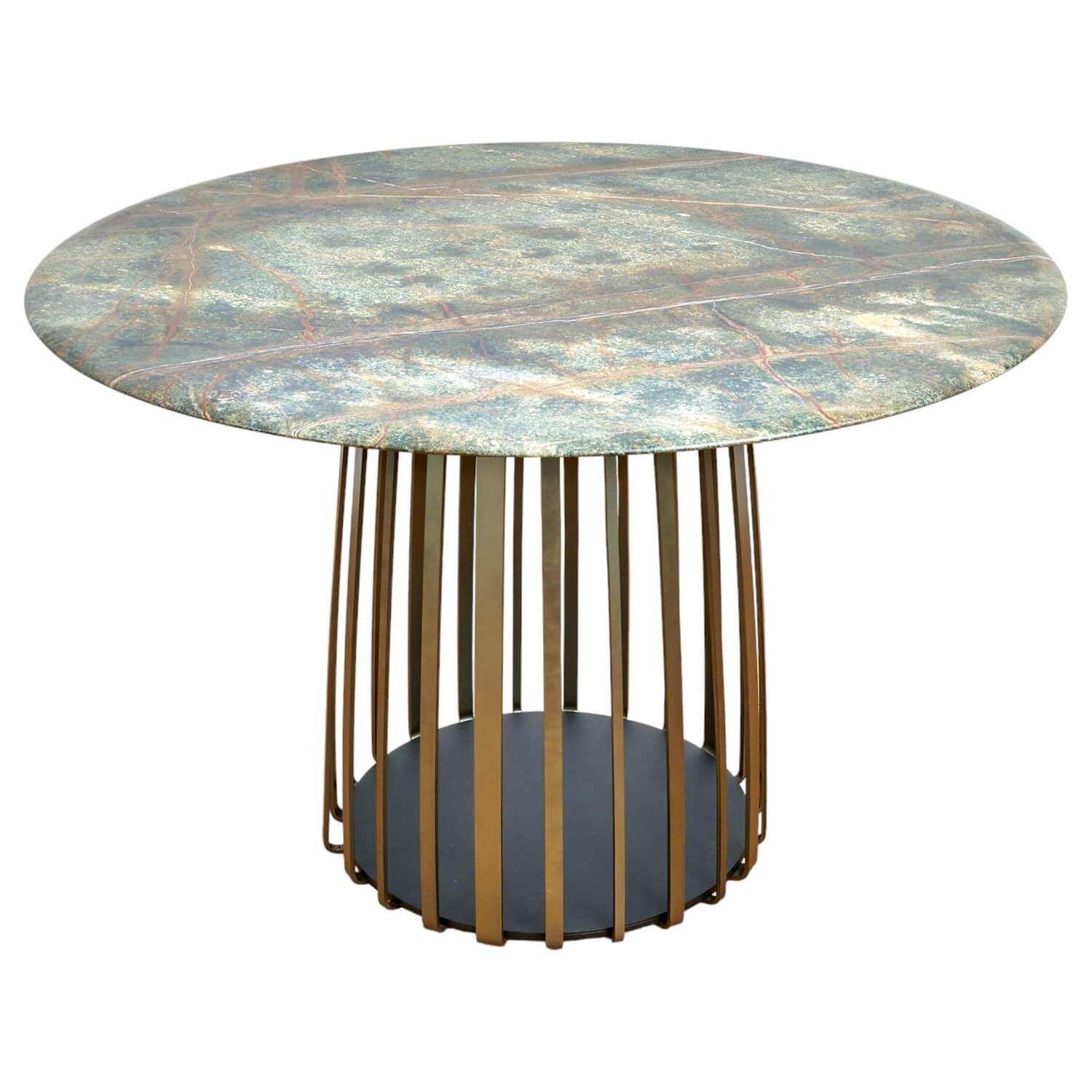 Janua - Esstisch Basket Stein Platte Rainforest Green Grün Gestell Messinglasur Bronze - 1