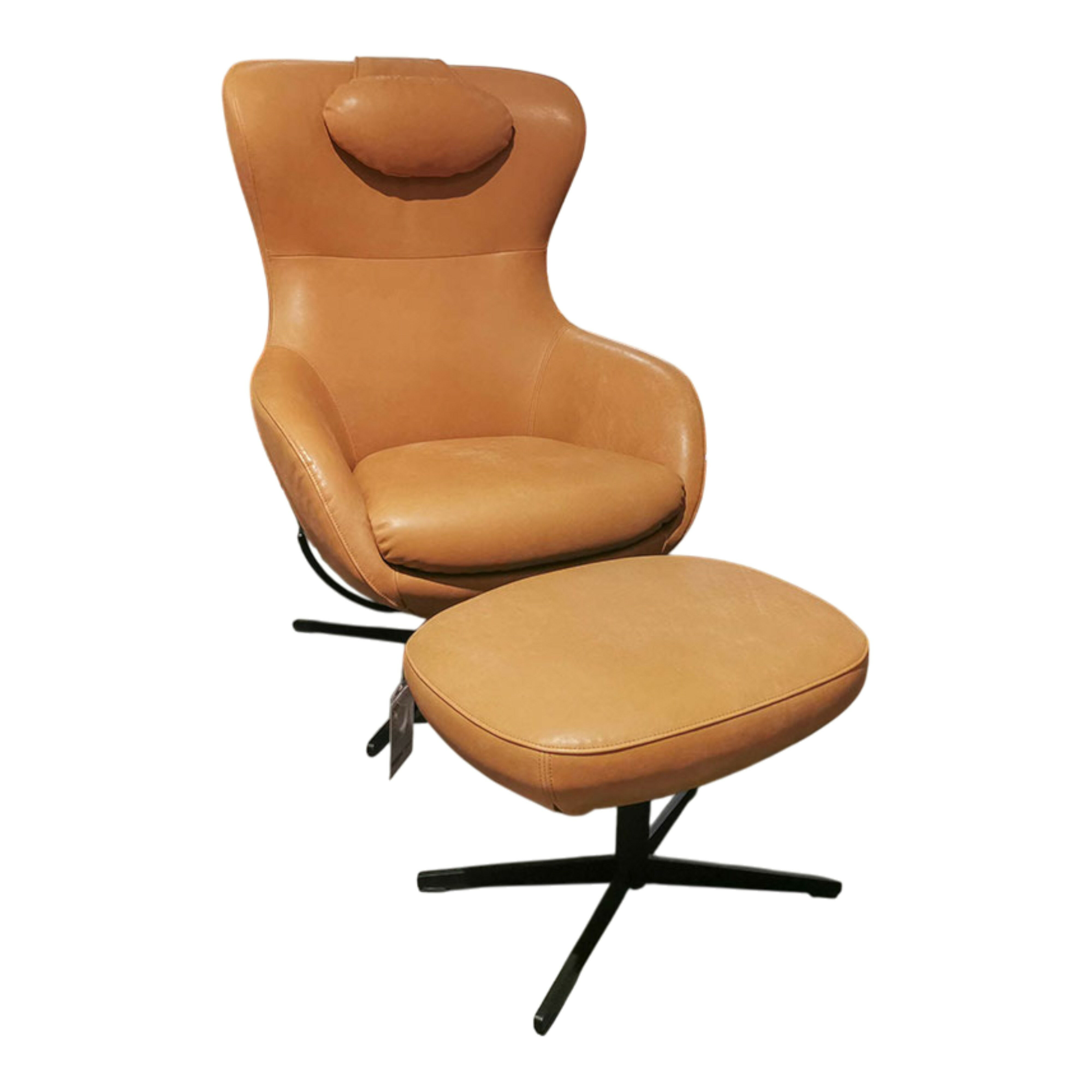 Signet - Sessel Jester Leder Rancho Brandy Hellbraun Gestell Schwarz Pulverbeschichtet mit Hocker - 1