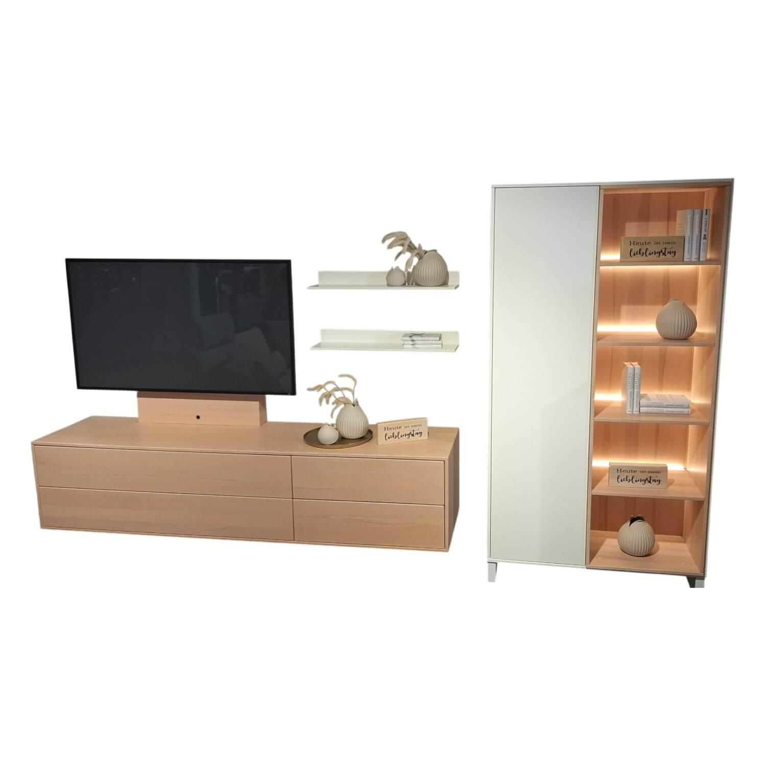 Rietberger Möbelwerke - Wohnwand Lennon Lack Weiß Kristallbuche Furniert - 1