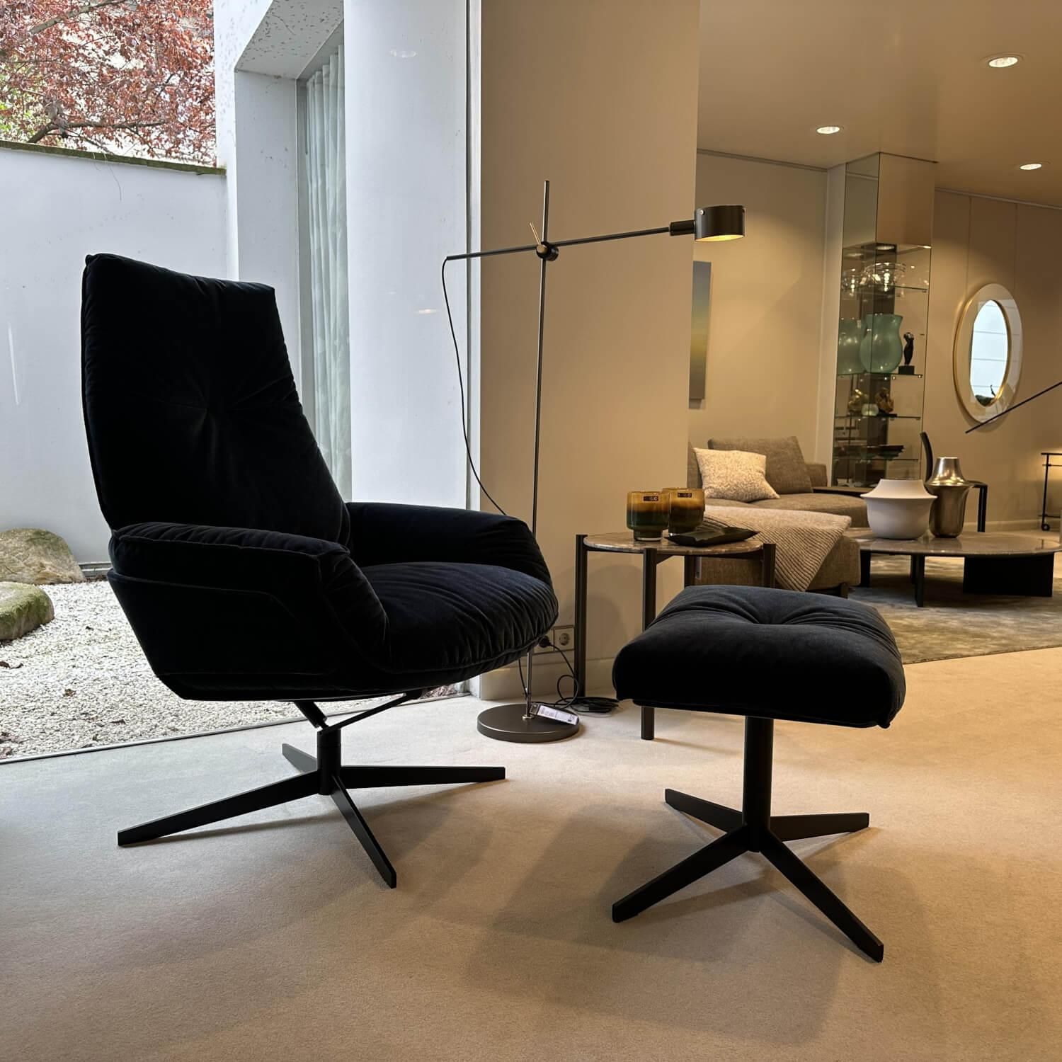 Bielefelder Werkstätten - Hochlehnsessel Daron Stoff Emilia BW 1762-151Gr. B Blau Kreuzfuß Schwarz Matt mit Hocker - 9