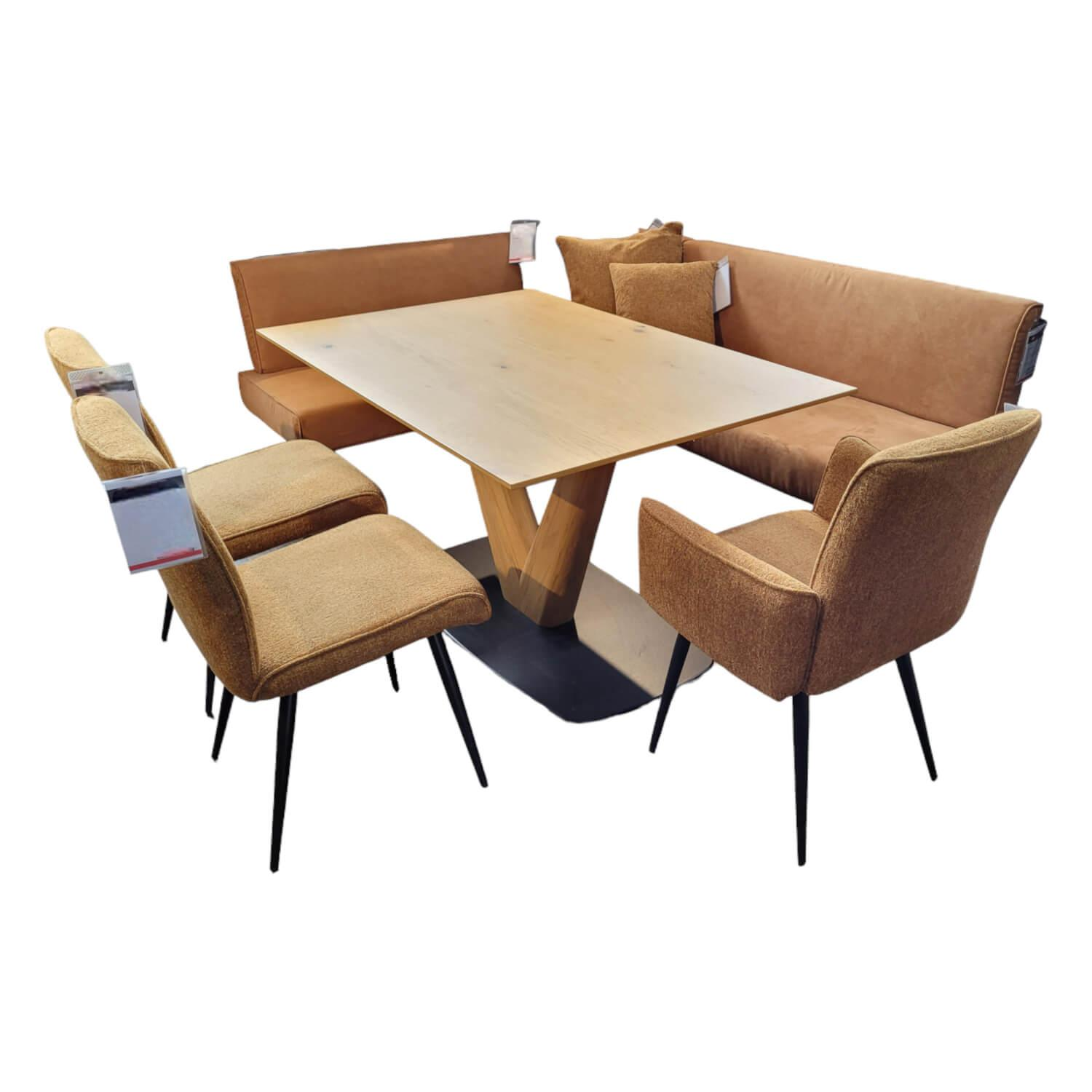 Essgruppe Eckbank Stoff 0520-45 Cognac Braun Füße Schwarz mit 3 Stühlen Vario ohne Tisch