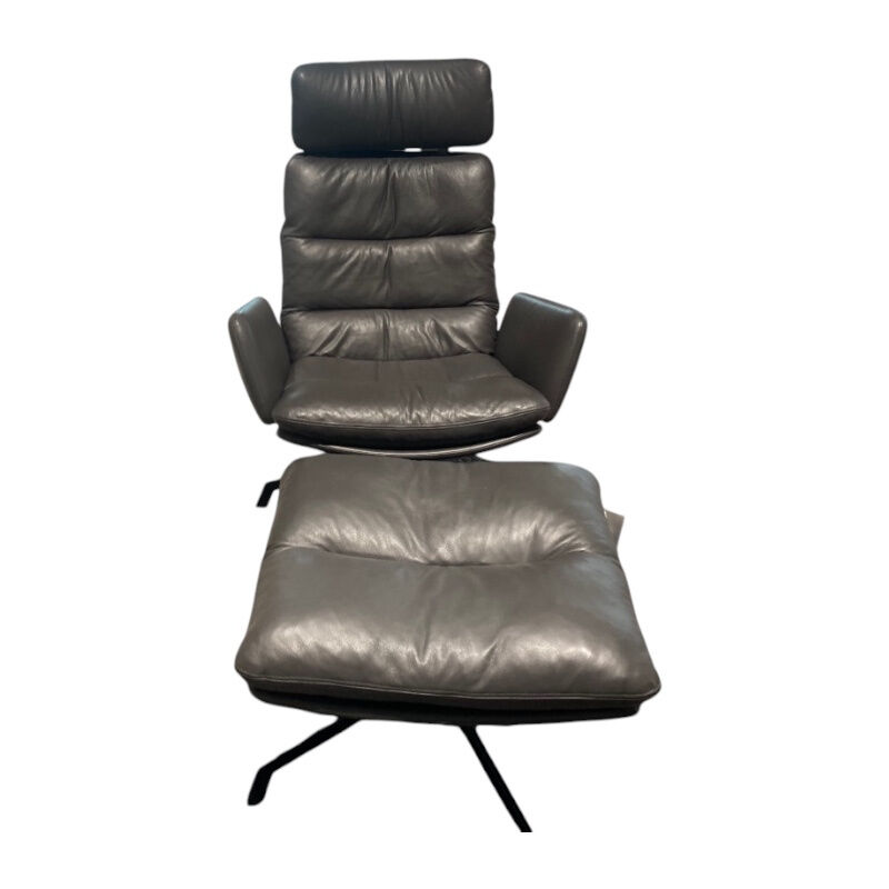 KFF - Sessel Arva Leder Sauvage Anthrazit Drehgestell Metall Schwarz Inklusive Hocker - 1