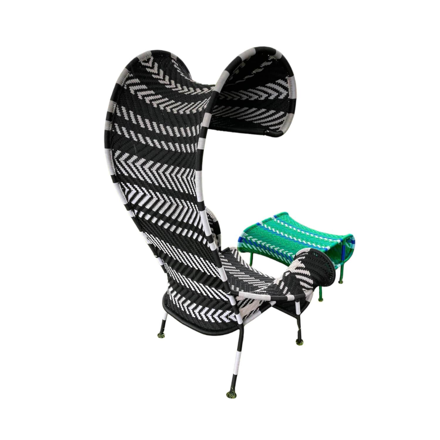 Moroso - Sessel Shadowy Outdoor Bespannung Schwarz Weiß Gestell Stahl Inklusive Hocker Sunny Multigreen - 2