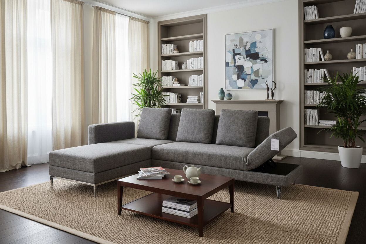 Brühl - Multifunktionssofa Four-Two Compact Stoff 2466-95 Grau Ablage Leder Schwarz Gestell Hochglanz - 6