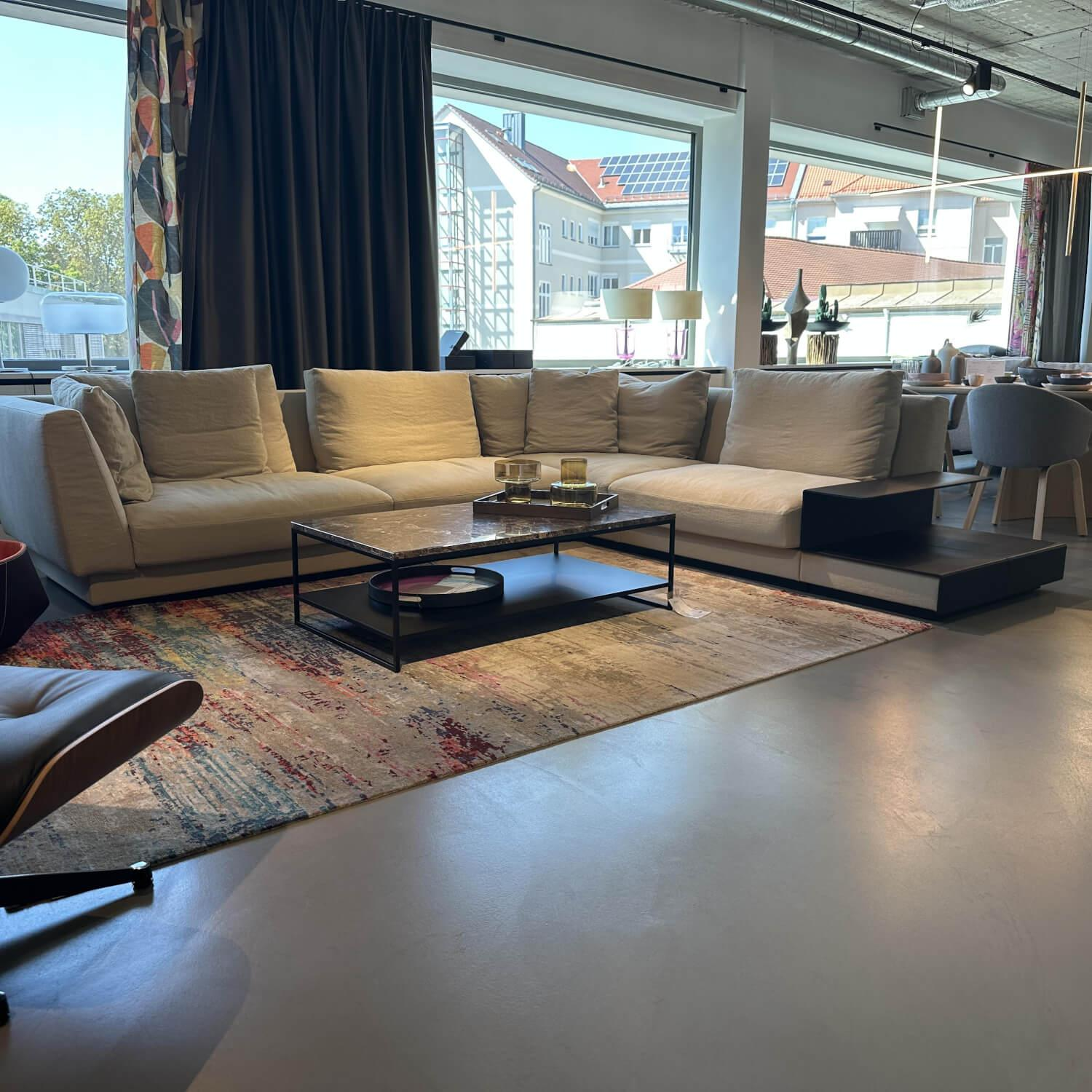 Walter Knoll - Ecksofa Grand Suite Stoff Lino 7706 Pearl Grau Beige Ablage Leder Saddle Coffee Braun - 7