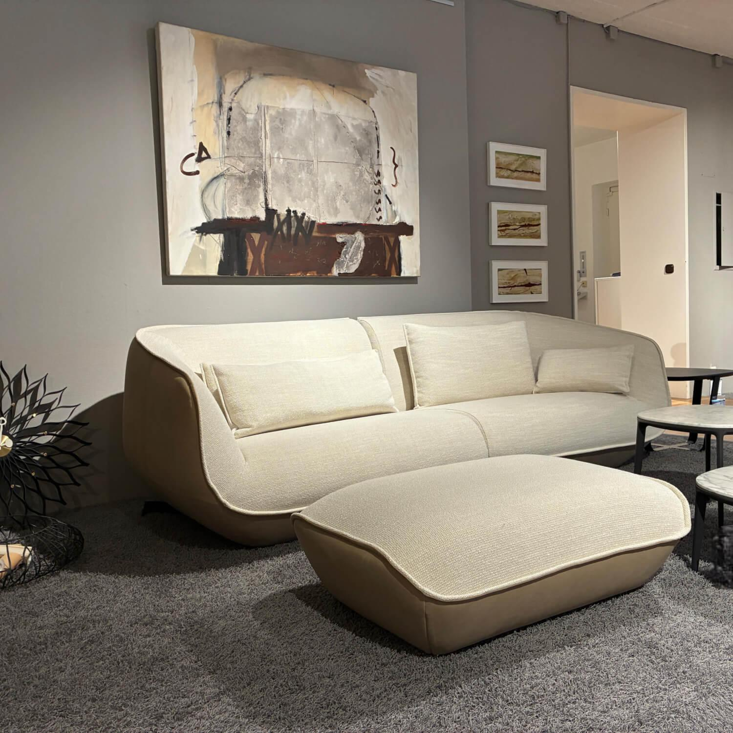 COR - Sofa Nook Sitz Stoff 8190 Woll Weiß Außen Leder 420 Sand Beige Füße Kunststoffgleiter mit Hocker Und Kissen - 4