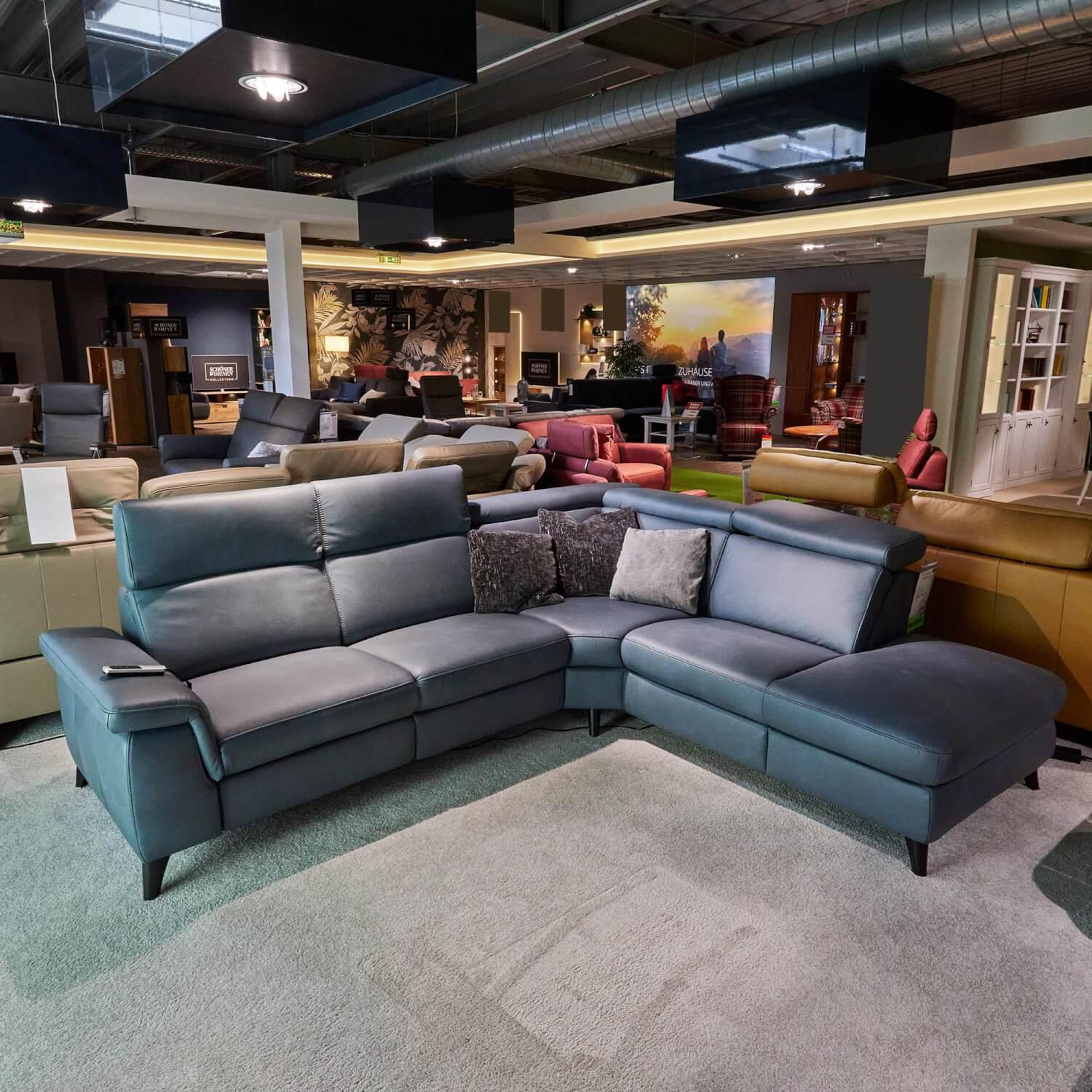 Steinpol - Eckgarnitur Relaxa 6.0 Plus Bezug Leder Longlife Evita Greyblue Füße Chrom Schwarz - 5