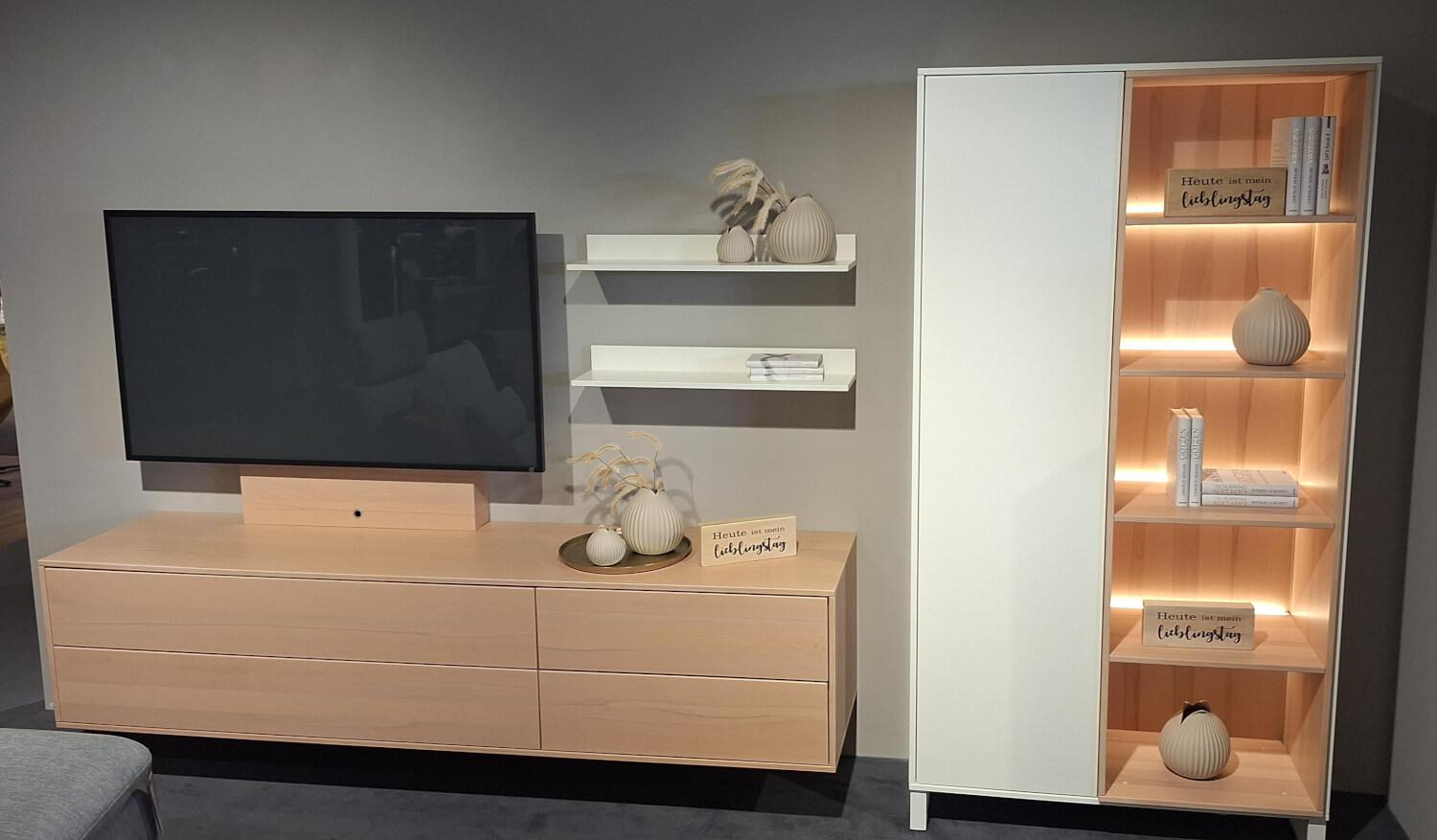 Rietberger Möbelwerke - Wohnwand Lennon Lack Weiß Kristallbuche Furniert - 6