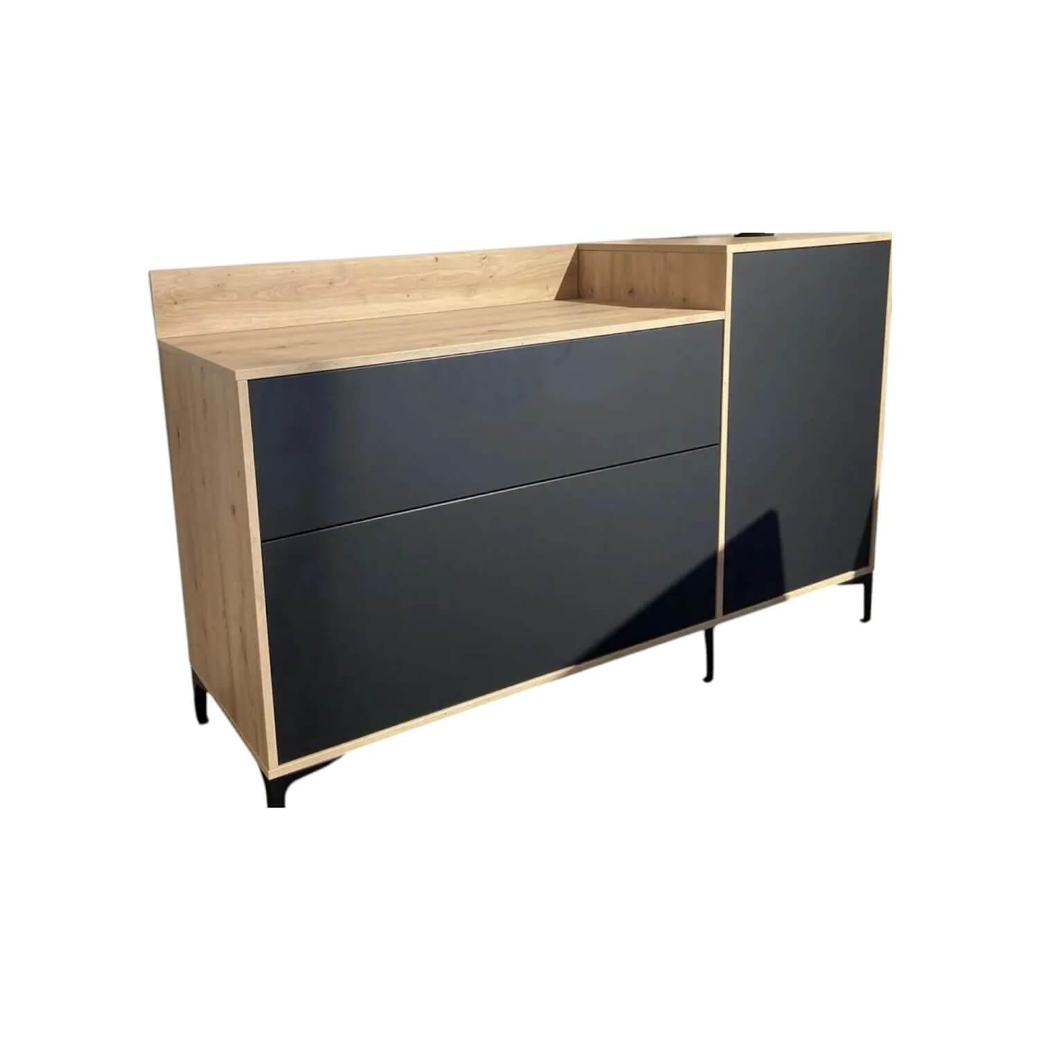 Global - Sideboard FMA Wildeiche Natur Nachbildung Front Lack Onyxschwarz Matt Metallfüße Schwarz - 1