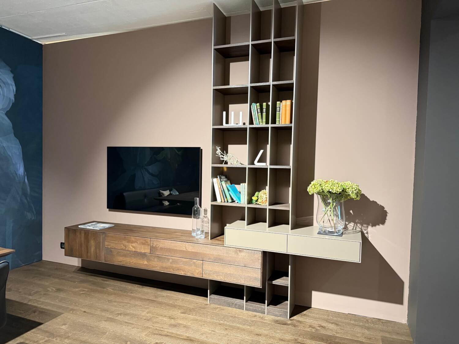 Anrei - Wohnwand Puro Asteiche Gebürstet Tabak Geölt Ladenelement Und Regal Lackiert Steingrau Grau Matt - 4