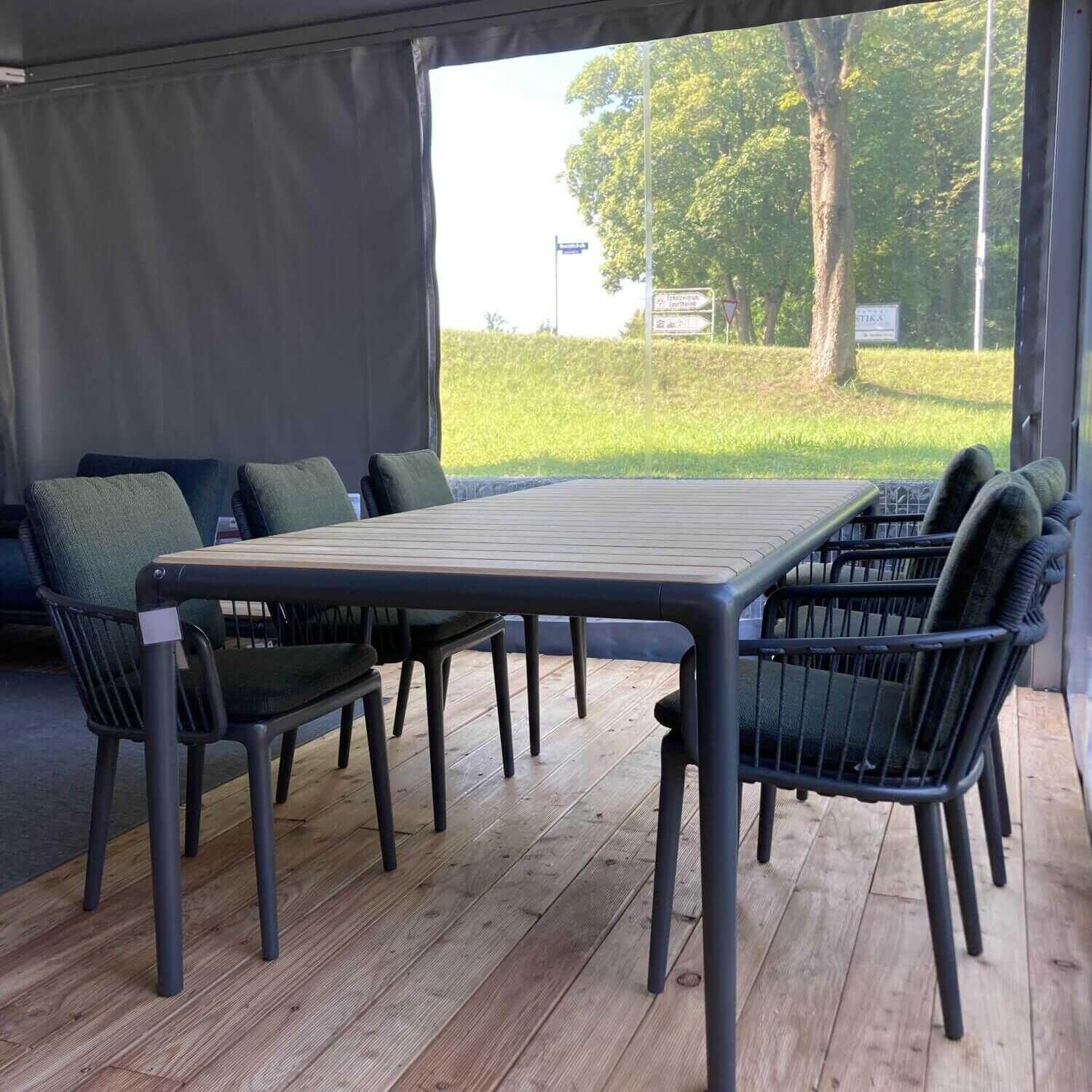 Outdoor Tischgruppe Teak Anthrazit mit 6 Stühlen Sitzkissen Stoff Blaugrün