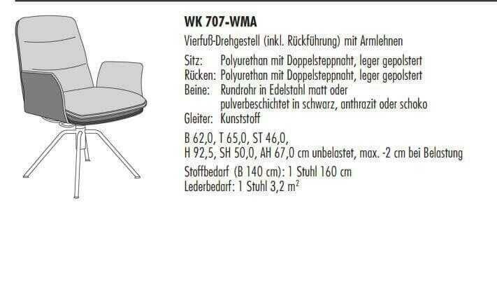 WK Wohnen - Stuhlgruppe 4er Set 707 WMA Leder Khaki Gestell Edelstahl Drehbar mit Wippfunktion - 5