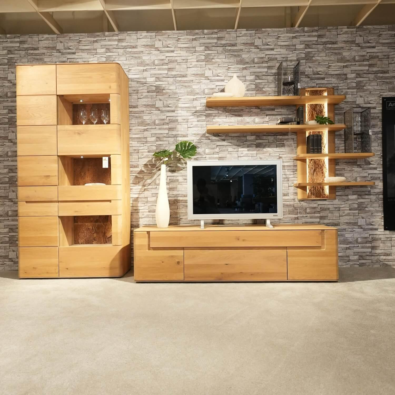 Decker - Wonwand Lavaro Wildeiche Bianco Massiv Geölt Mit Sideboard Und Beleuchtung Ohne Fernseher - 10