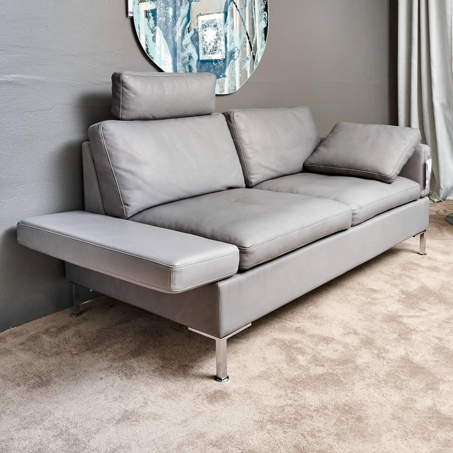 Brühl - Sofa Alba System M Leder 5707 Pearl 0095 Grau Winkelfuß Verchromt Mit Kopfstütze - 8