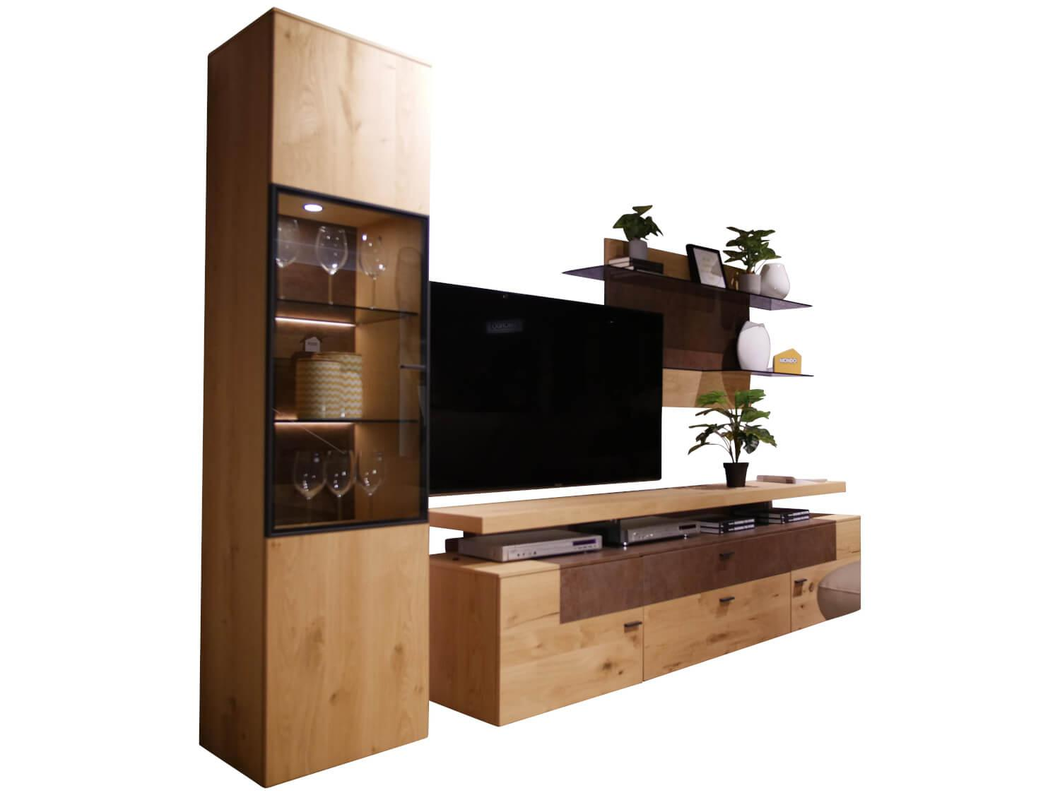 Gwinner - Wohnwand Mondo Cantato CN7 Balkeneiche Natur 2205 Akzent Rostoptik Mit Beleuchtung - 1