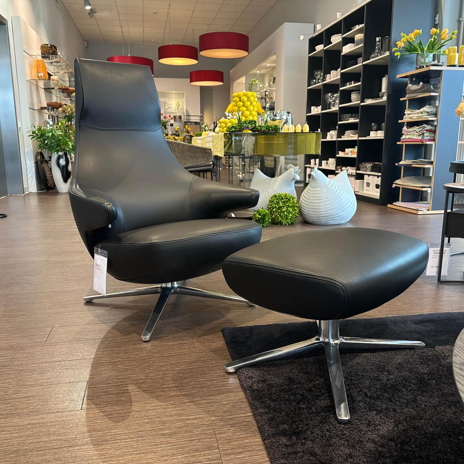 Poltrona Frau - Sessel Jay Lounge Leder SC 30 Africa Nero Schwarz Gestell Aluminium Poliert Mit Verstellung - 6