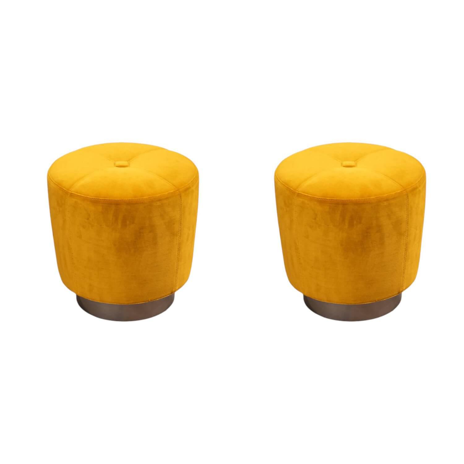Minotti - 2er Set Hocker Jacques Stoff Hunt Gelb Sockel Metall Bronzefarbig Lackiert - 1