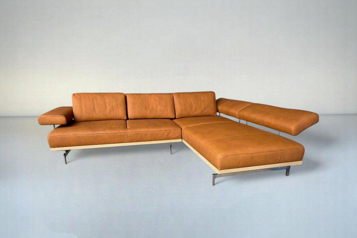 JOOP! - Ecksofa 8106 Echtleder Leonessa Almond Braun Sockel Wildeichenholz Massiv Füße Edelstahl Inklusive Kissen - 5