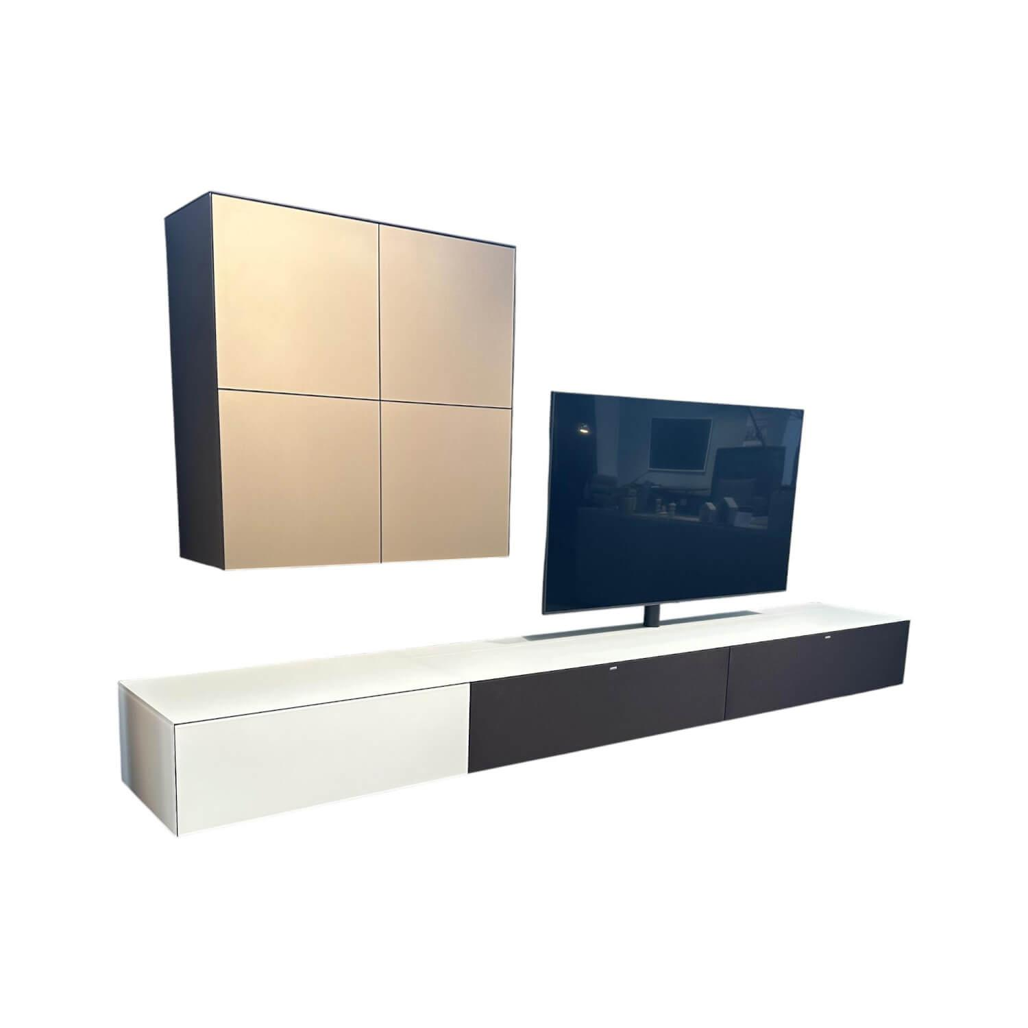 Spectral Smart Furniture - TV Kombination Ameno Korpus Lack Black Schwarz Front Glas Metallic Bronze Und Stoff Carbon Glas Snow Weiß - 1