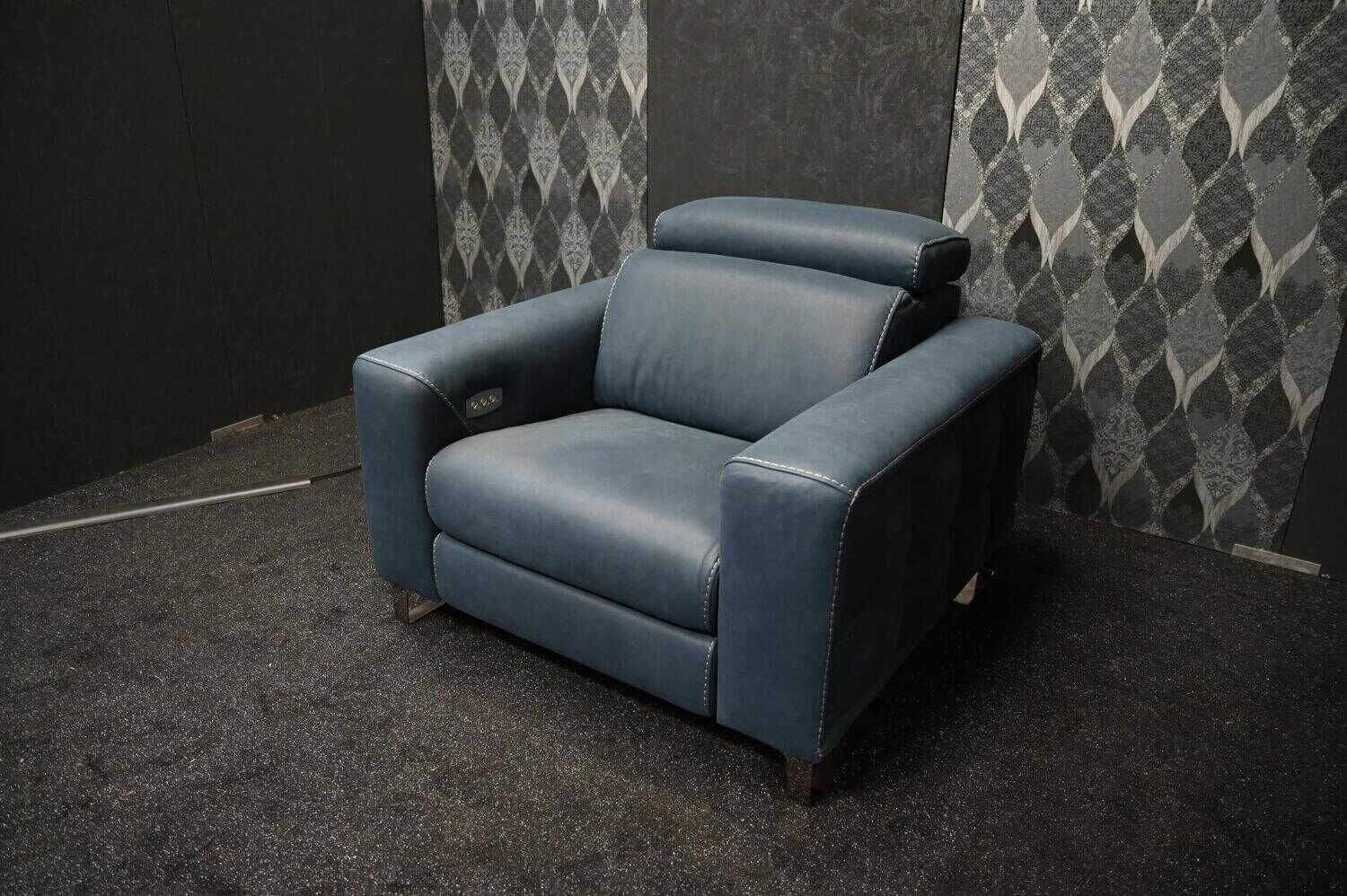Garnitur Opi Leder Sensation Pilote Blau Sofa und Sessel Elektrisch Verstellbar