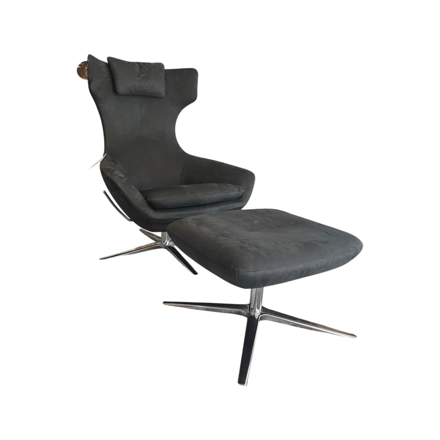Leolux - Relaxsessel Caruzzo Leder Danza 100 Phantom Anthrazit Fuß Pure 4 Strahlig Aluminium Poliert Mit Hocker - 1