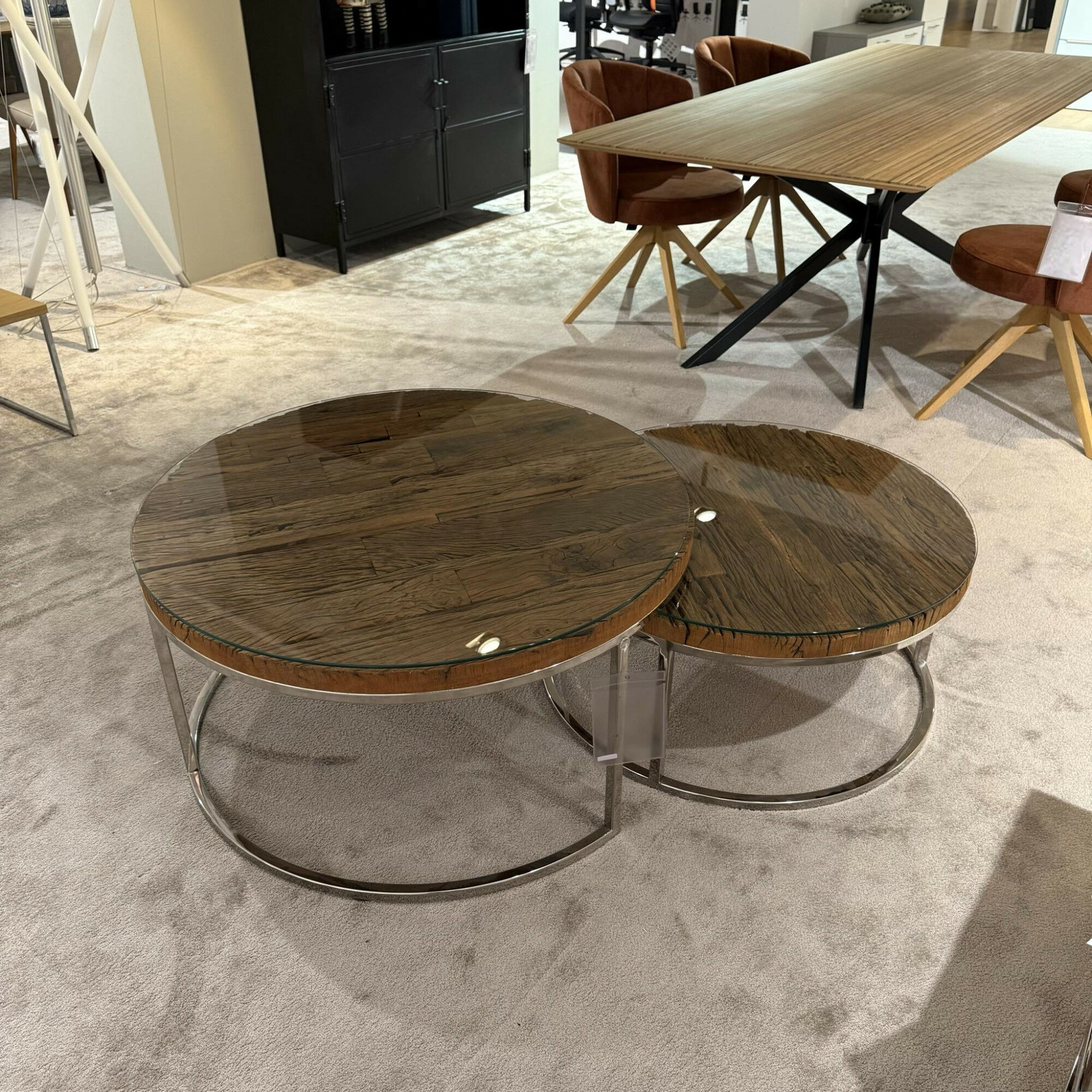 Richmond - 2er Set Couchtisch Kensington Rund Platte Glas Gestell Edelstahl - 2