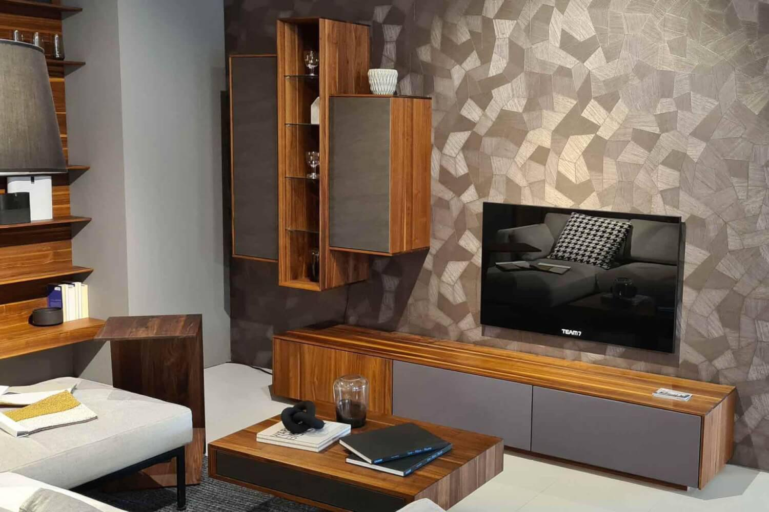 Team 7 - Wohnwand Filigno Nussbaum Naturöl Keramikart Basalt Black Lautsprecherklappe Stoff Metallic Grau - 3