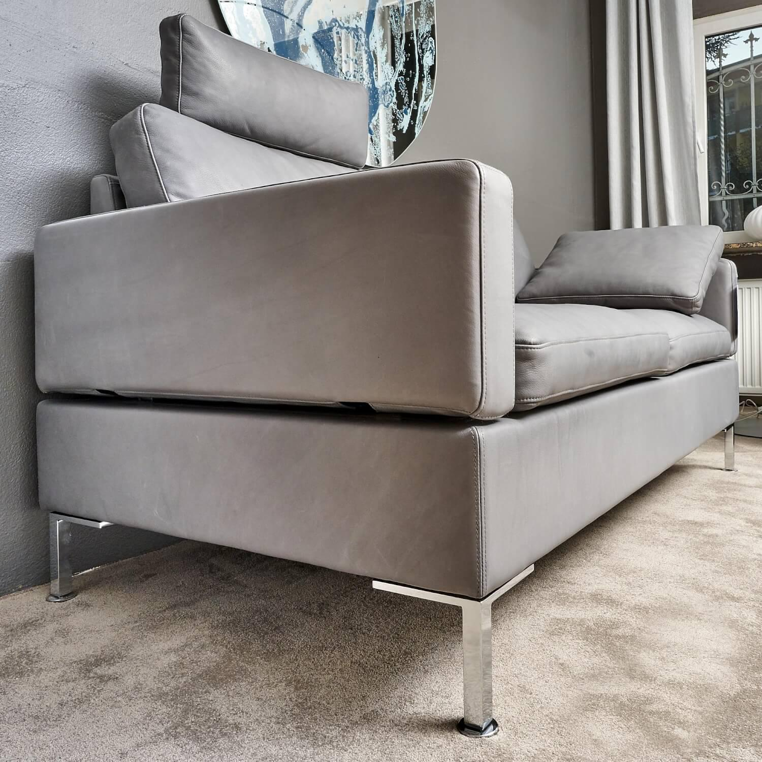 Brühl - Sofa Alba System M Leder 5707 Pearl 0095 Grau Winkelfuß Verchromt Mit Kopfstütze - 5