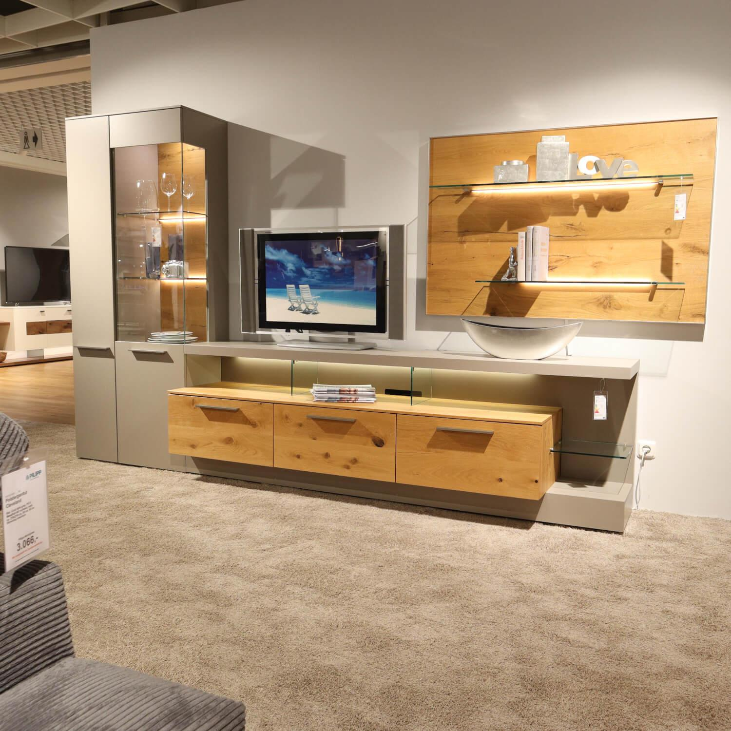 Gwinner - Wohnwand Braviso Lack Seidenmatt Fango Akzente Balkeneiche Honig Griff Edelstahlfarben - 5