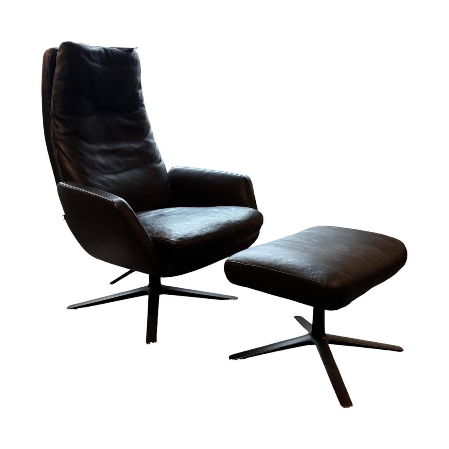 COR - Drehsessel Cordia Leder 282 Basalt Grau Schwarz Gestell F01 Schwarz Braun Kunststoffgleiter Mit Hocker - 1