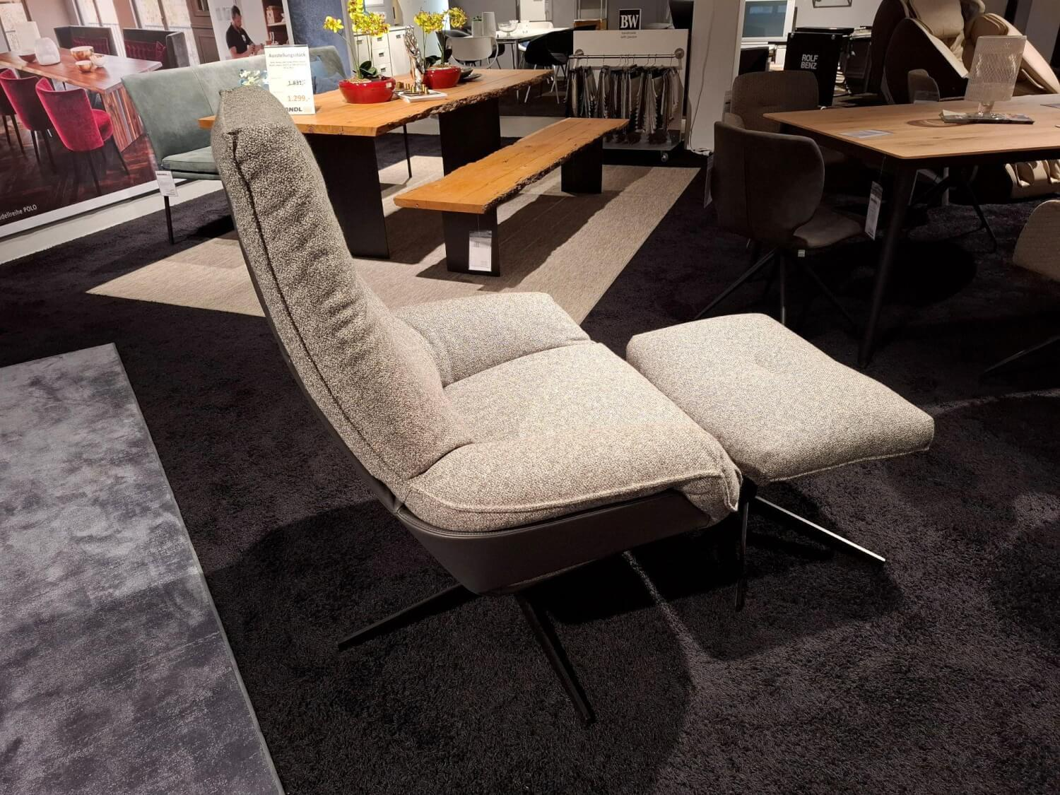 Bielefelder Werkstätten - Sessel Dave Stoff BW1763-383 Beige Außen Leder Graphit mit Hocker - 2