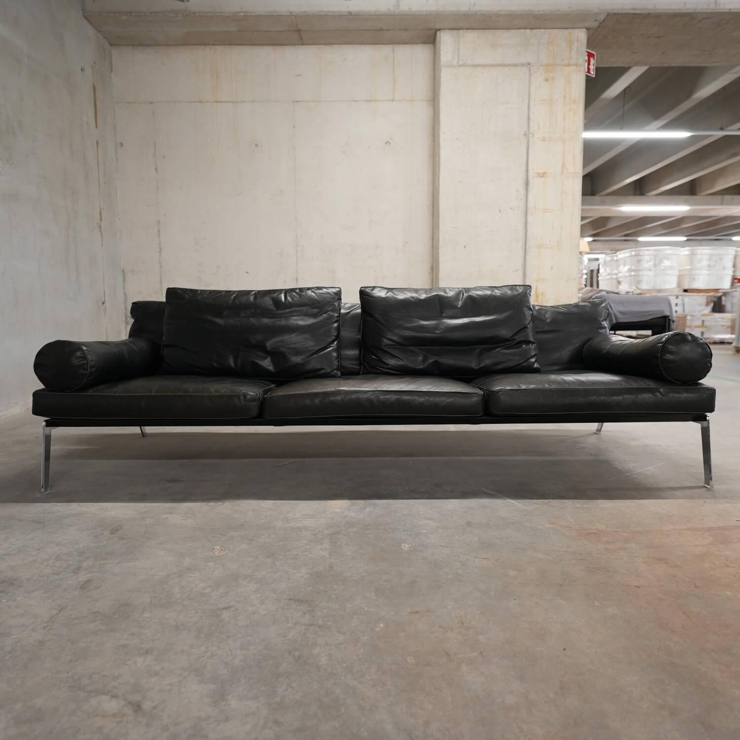 Sofa Happy Bezug Leder Pelle Deluxe Schwarz Metallfüße Chrom Inklusive Armlehnkissen