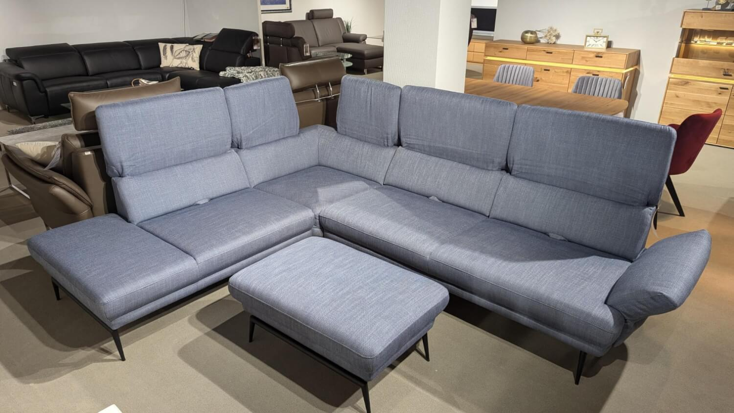 Gruber - Ecksofa Caruba Stoff Elsass Blau Gestell Aluminium Füße  Pulverbeschichtet Aluminium Schwarz Mit Manuellen Verstellungen Inklusive Hocker - 6