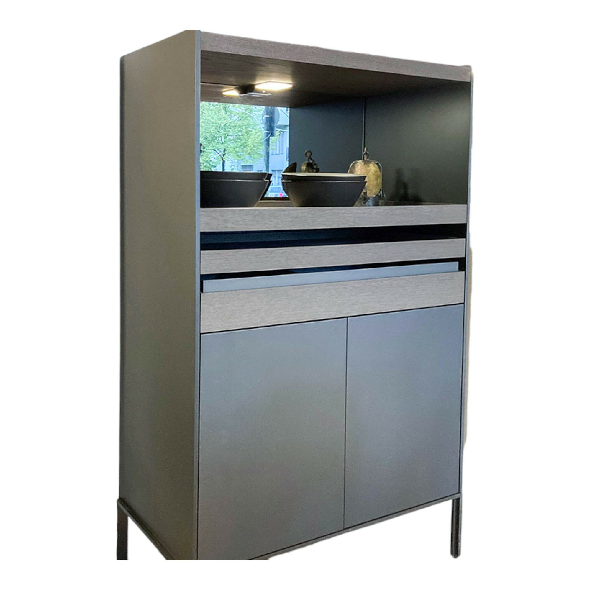 Molteni & C - Highboard Quinten Türen Und Korpus Zinnfarbig Lackiert Böden Rauchglas Schubläden Eiche Graphit  - 1