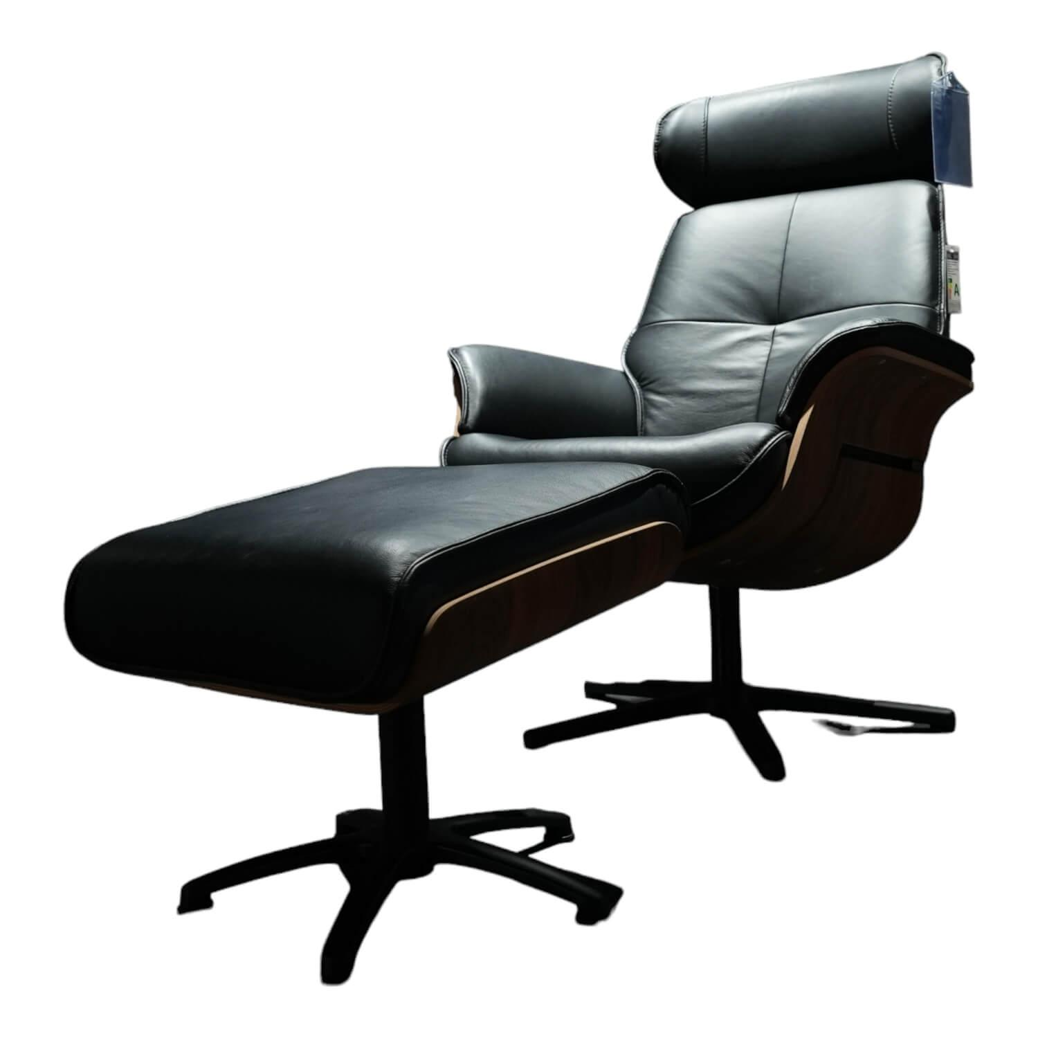 himolla - Sessel VS HU1141 Leder 56 Torro Schwarz Gestell Holz Nussbaum Metallfuß Schwarz Mit Verstellbarer Rückenlehne Inklusive Hocker - 1