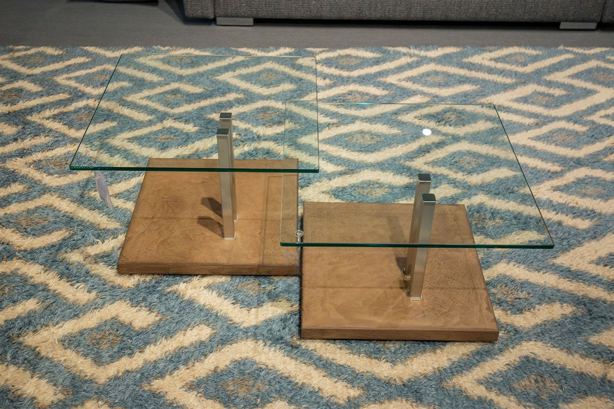 Ronald Schmitt Design - 2-Satz Couchtisch Doppio Tischplatte Glas Gestell Edelstahl Geschliffen Bodenplatte Edelstahl Betonoptik Rostfarben - 2