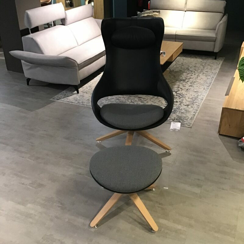 Voglauer - Ohrensessel V-Cube Sitz Textilgewebe Curl Steel ID337 Anthrazit Schale Leder Schwarz Drehgestell Wildeiche Mit Hocker - 7